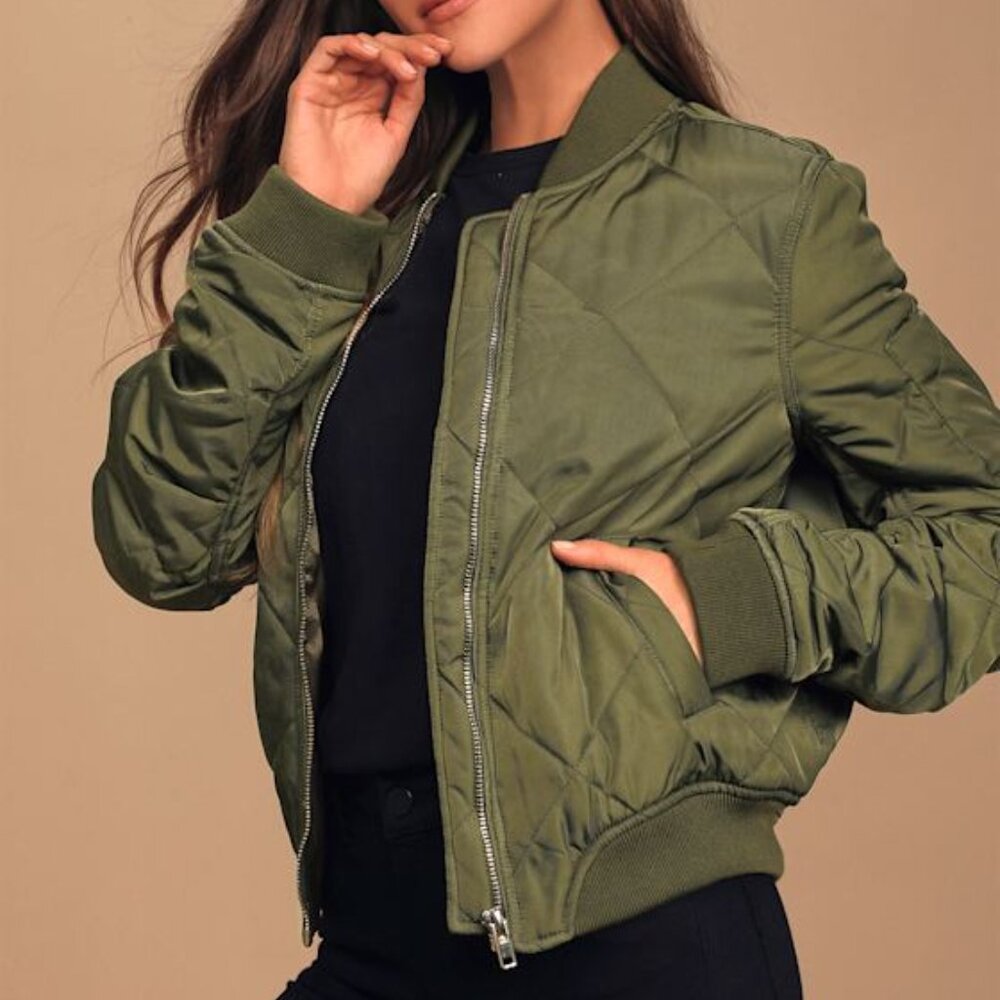 Lulus Style Expedition Olive Green Quilted Bomber Jacket - Size S